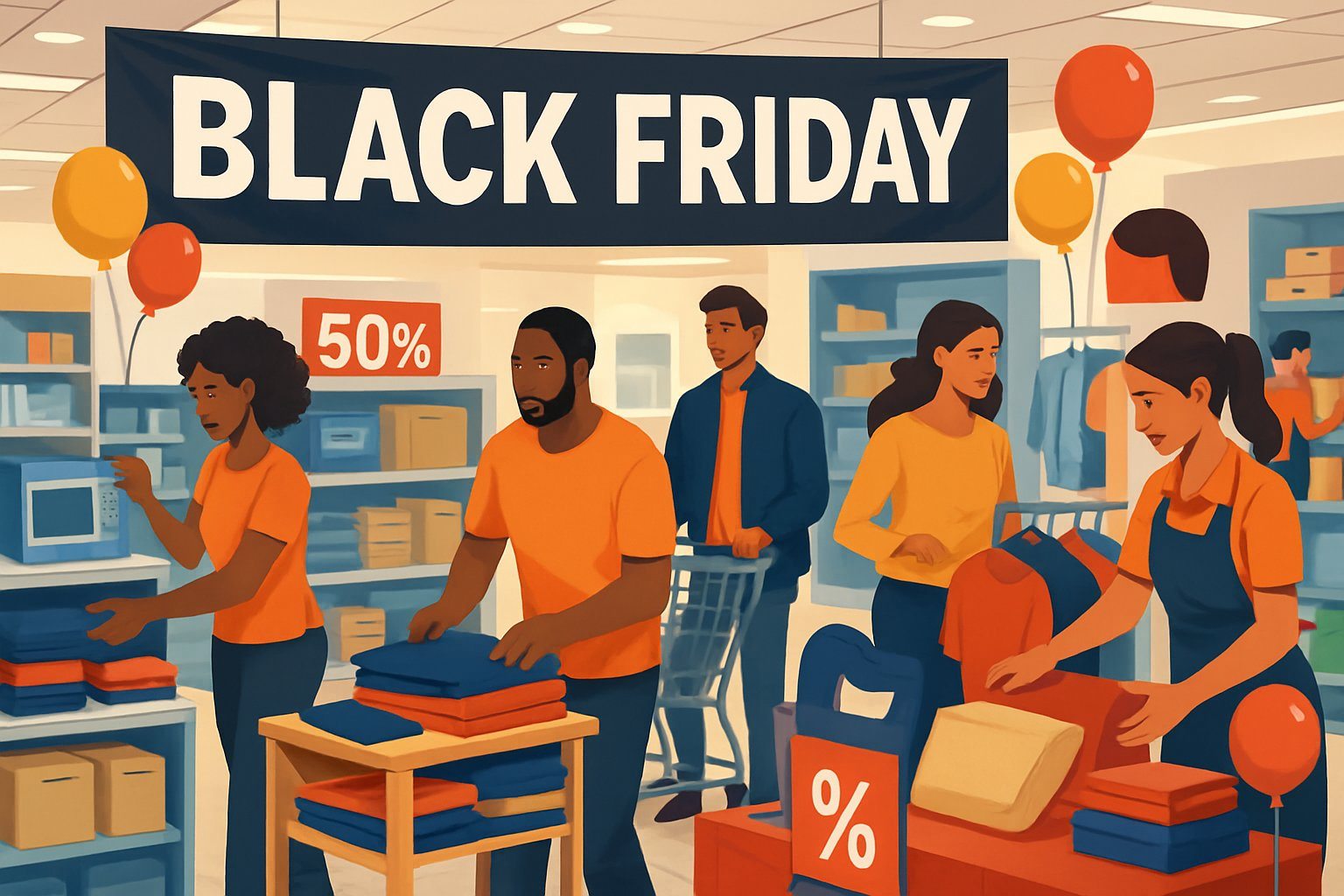 Pessoas organizando produtos e preparando uma loja para as vendas da Black Friday, com clientes e funcionários movimentados entre prateleiras e carrinhos de compras.